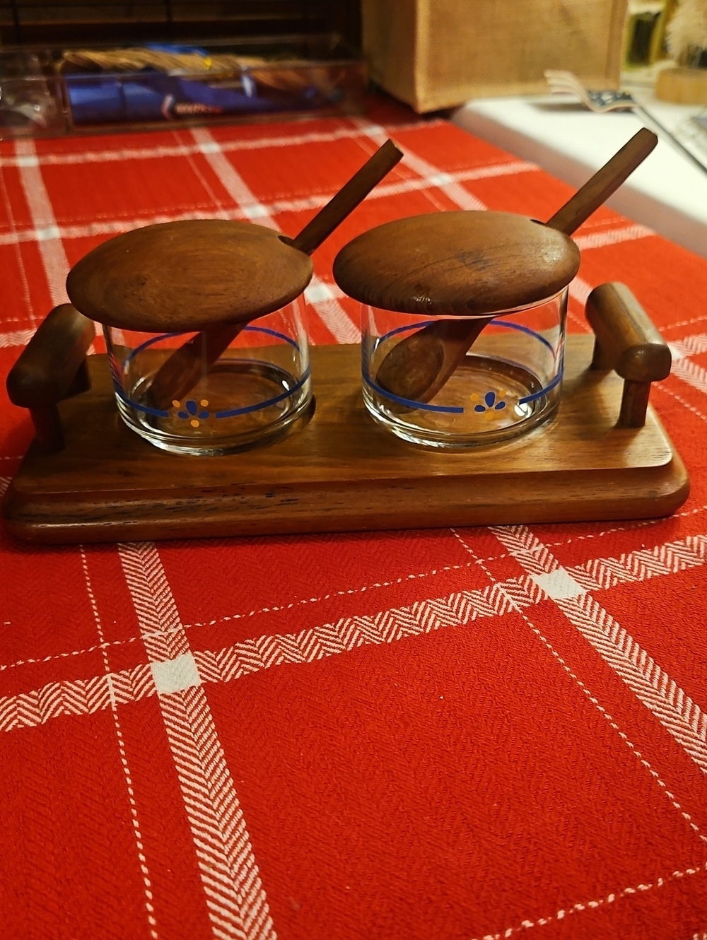 1960s Goodwood Teak Wood & Glass Double Condiment Set with Spoons 10.5x5.5